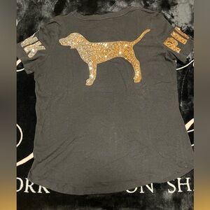 Victoria’s Secret PINK Sequin Bling Black T Shirt With Gold Dog Size Medium
